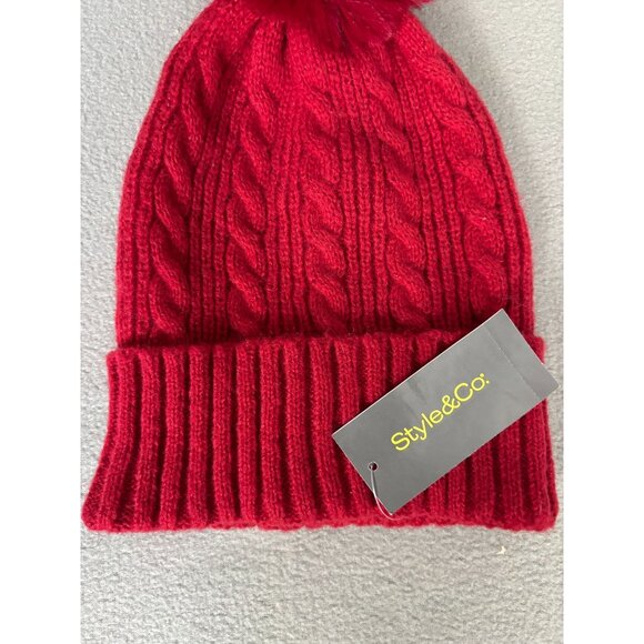 Style & Co. Red Cable Knit Shine Beanie With Pom Pom One Size Recycled Poly NWTs - Picture 2 of 7